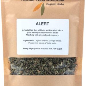 Herbal Teas Australia Organic ‘ALERT’ Tea 50gm – Organic Herbal Tea with Brahmi & Ginkgo Biloba/min 100 cups from every packet